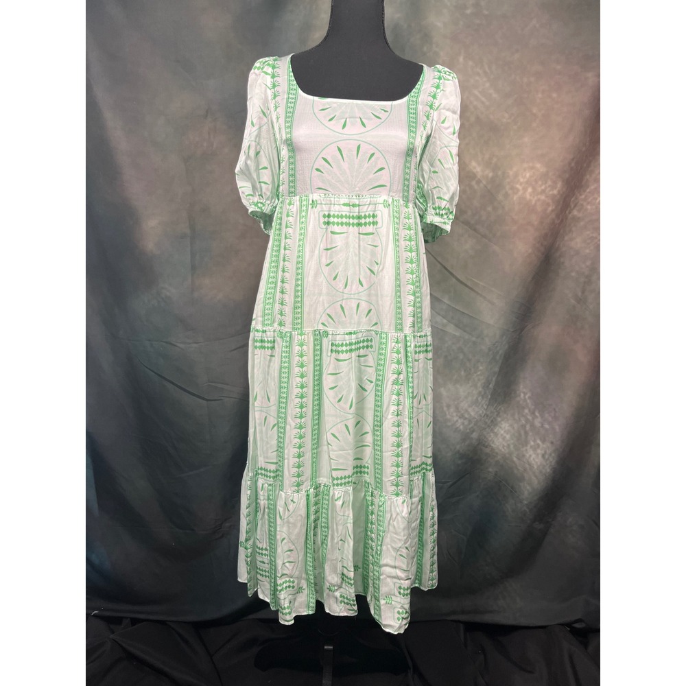 Emily McCarthy Green White Tropical Print Tiered Midi Dress Puff Sleeve Small